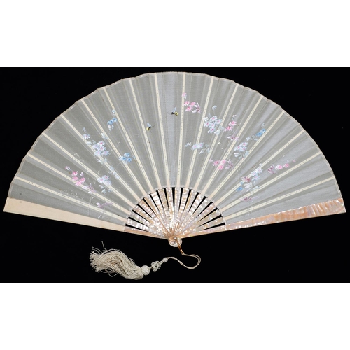 1098 - Two French mother of pearl fans, c1900, the silk or gauze leaf painted with flowers, one signed with... 