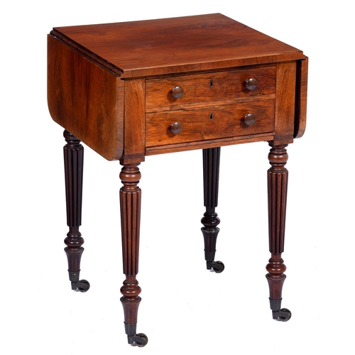 19 - A George IV rosewood work table, attributed to Gillows, the drop leaf top with two drawers, one divi... 