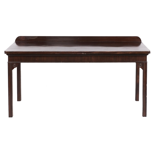 27 - A George III mahogany serving table, on moulded square legs with draught turned brackets, 93cm h; 68... 