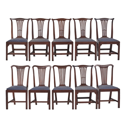 41 - A set of six George III oak dining chairs and a set of four similar mahogany chairs, matching blue f... 