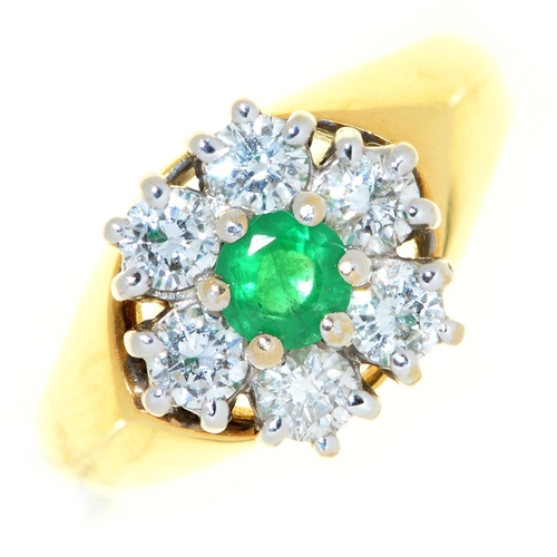 513 - An emerald and diamond cluster ring, in 18ct gold, London 1980, 5.3g, size I
