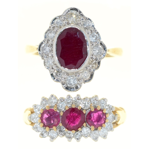 514 - Two ruby and diamond cluster rings, in 9ct gold, London, 1994 and 1996, 6.7g, size I... 