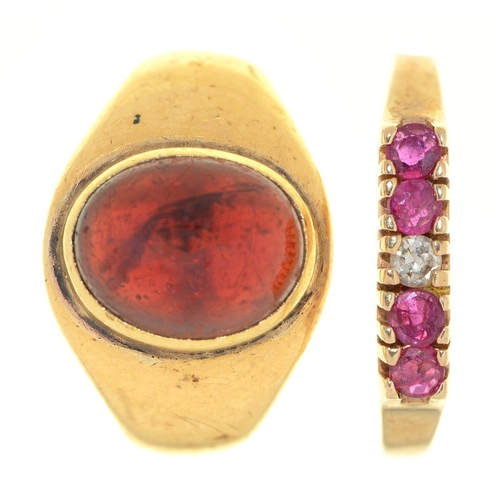 524 - A garnet cabochon ring, in 18ct gold, altered, Chester, part marked, 6.6g, size L and another gem se... 