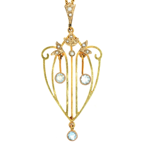 532 - A Jugendstil cornflower blue paste and split pearl openwork pendant, c1910, in gold, 51mm, marked 9c... 