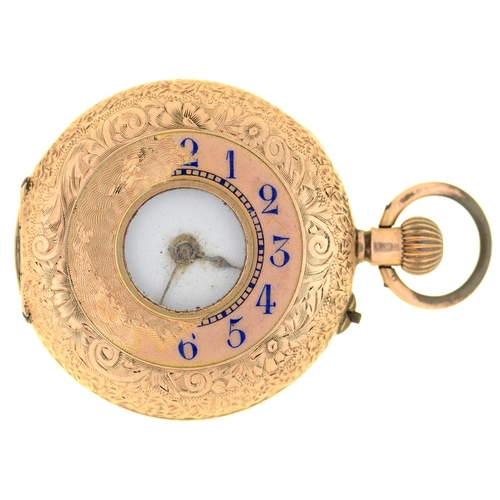 534 - A Swiss gold and enamel half hunting cased cylinder lady's watch, c1900, 30mm, marked 14k, 20.4g... 