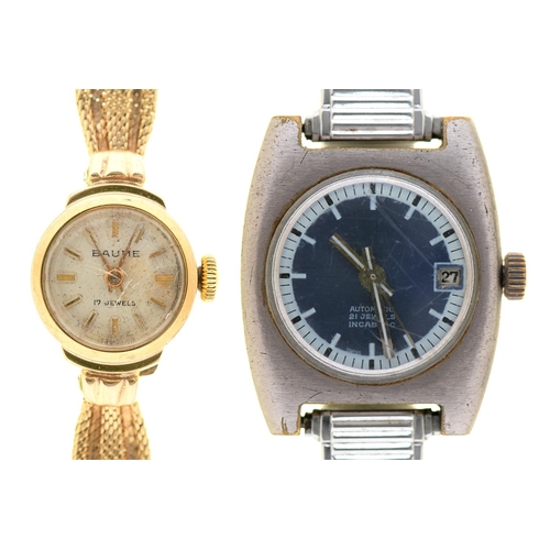 542 - A Baume 9ct gold lady's wristwatch, 15 x 17mm, Edinburgh 1959, on 9ct gold mesh bracelet, 13.5g and ... 
