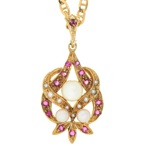 544 - A ruby, cultured pearl and split pearl entwined pendant, in 9ct gold, 5mm, London 1994 and a 9ct gol... 
