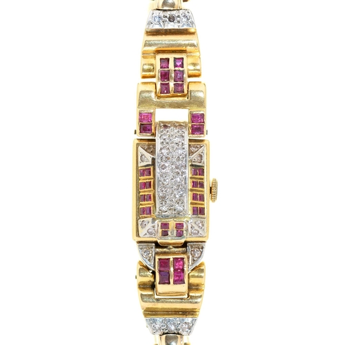 546 - Dorothy Squires' wristwatch. A mid-century ruby, diamond and 14ct gold cocktail watch, the rectangul... 