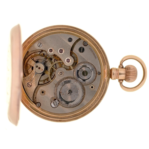 554 - A Swiss 9ct gold keyless lever hunting cased watch, with gold cuvette, 50mm, 79g