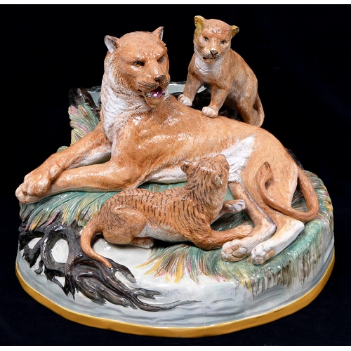 121 - A rare Brown-Westhead, Moore & Co majolica group of a lioness and two cubs, designed by Mark V M... 