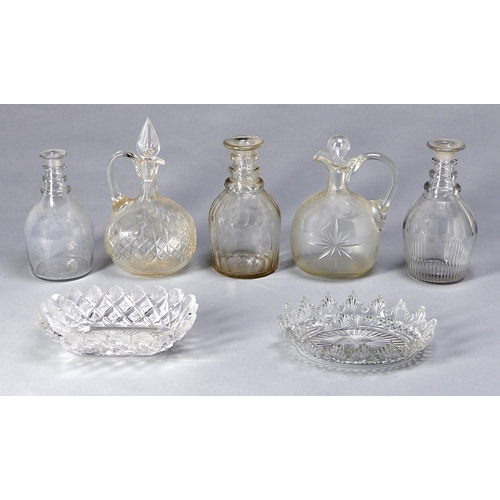 13 - Three various English glass decanters, two cut glass carafes and two dishes, 19th c,  various sizes... 