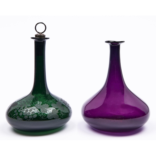 2 - Two green or amethyst glass mell decanters, c1830, one engraved with grapevines, sharp or polished p... 