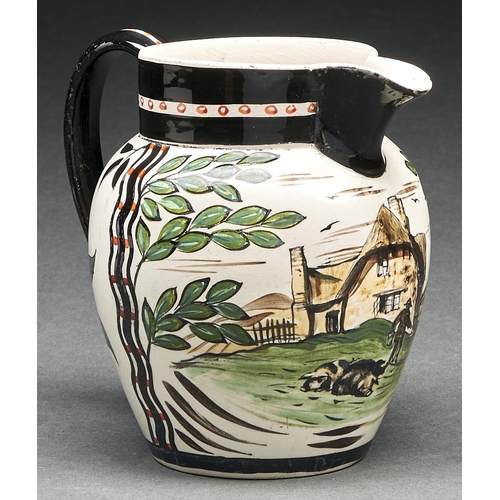 21 - A Wedgwood earthenware jug, painted by Alfred Powell, c1930, with a farmer and his pigs before thatc... 