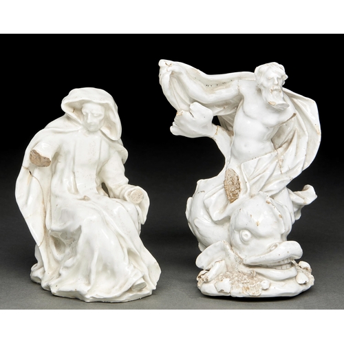 28 - Two Bow white glazed figures of a seated nun and Neptune riding a dolphin, c1755, 14 and 16.5cm hFor... 