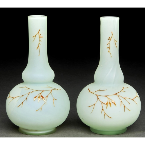 29 - A pair of enamelled satin glass double gourd vases, c1900, 14.5cm h