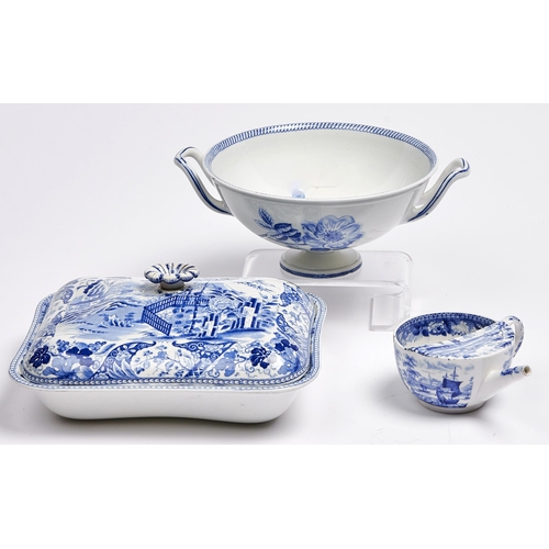 31 - A Wedgwood blue printed earthenware footed bowl, dish and cover and spout cup, c1815-25, the bowl of... 