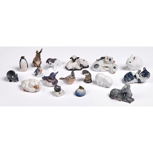 33 - Seventeen Royal Copenhagen models or groups of animals, various sizes, printed and painted marks... 