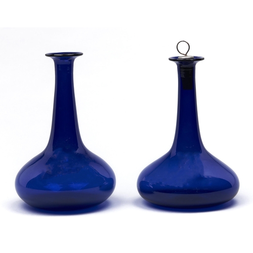 5 - A pair of blue glass mell decanters, c1830, polished pontil scar, 23cm h