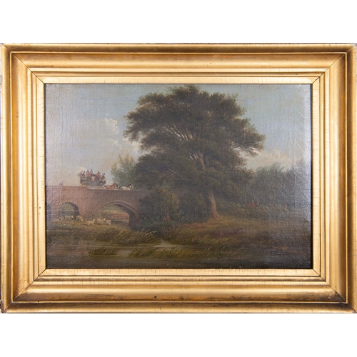 635 - English School, early 19th c - Wooded Landscape with a Stagecoach Crossing a Bridge, oil on canvas, ... 