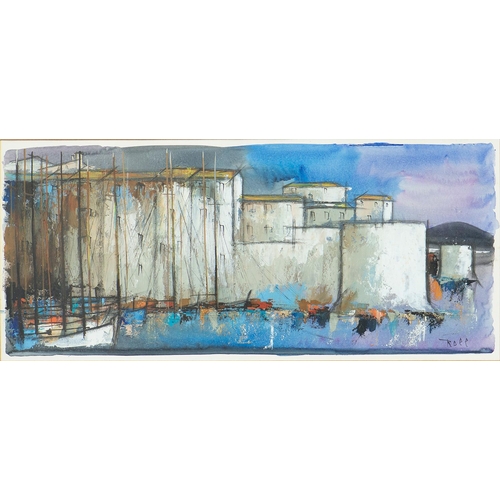 664 - 20th c School - Boats in a Mediterranean Harbour, signed Rope, mixed media on paper, 21 x 47cm... 