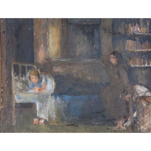 665 - British School - Interior with Two Figures, bears signature verso, oil on board, 36 x 47cm... 