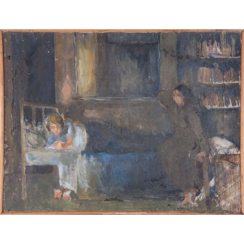 665 - British School - Interior with Two Figures, bears signature verso, oil on board, 36 x 47cm... 