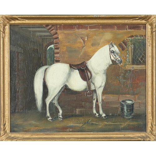 668 - British School - Portrait of a White Stallion in a Stable Yard, inscribed with owner's initials C D,... 
