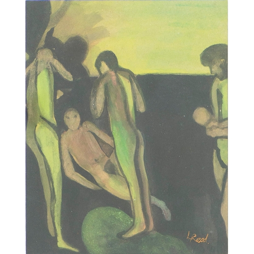669 - L Read (20th c) - Four Figures, mixed media on card, 24.5 x 19.5cm