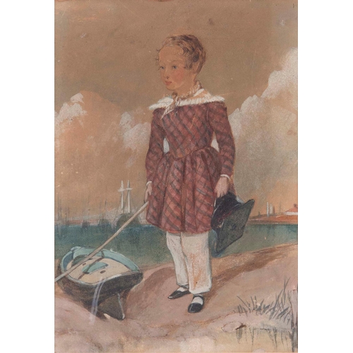 674 - British School, 19th c - Portrait of a Boy with a Toy Boat, full length, watercolour, 26 x 18cm... 
