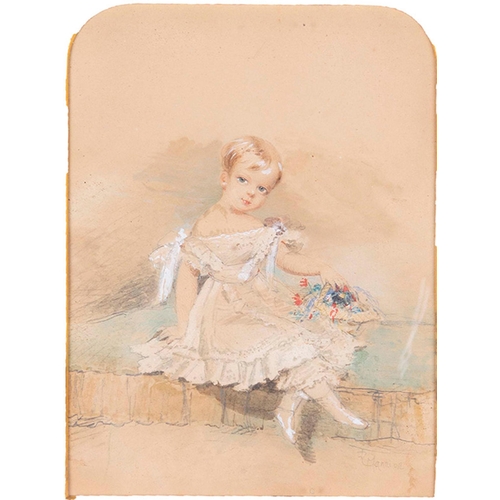 676 - R Mannion (mid 19th c) - A Child with a Basket of Flowers, signed, watercolour, arched top, 20 x 15c... 
