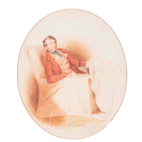 677 - English School, 19th c - Portrait of a Gentleman, seated full length in an armchair, watercolour, ov... 