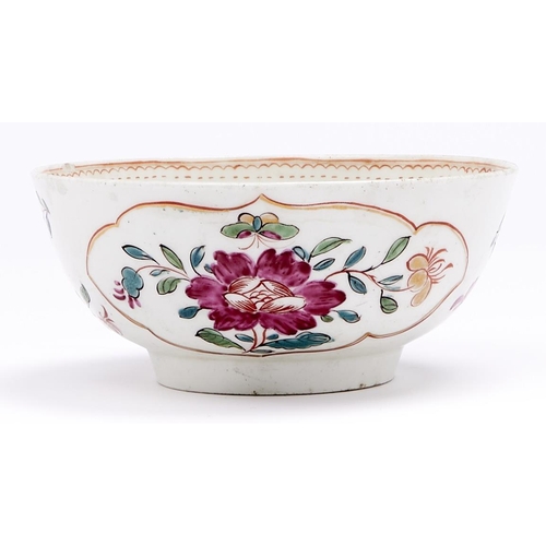 88 - A Worcester famille rose slop bowl, c1775, enamelled with flowers in gilt reserves, 12.5cm diam... 