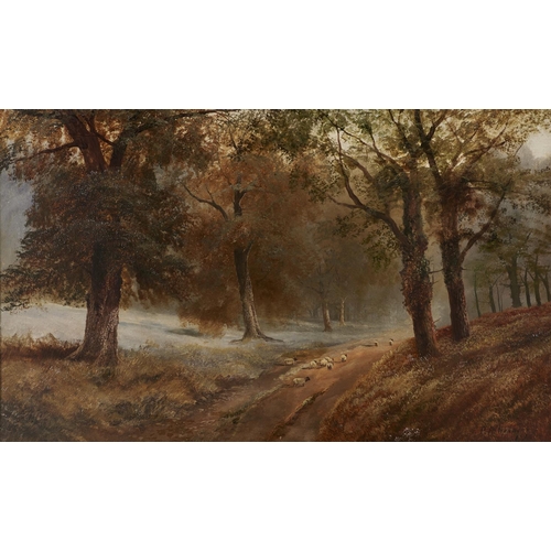 1028 - P H Herbert (Fl. late 19th c) - Sheep on a Woodland Track, signed and dated 1889, oil on canvas, 64 ... 