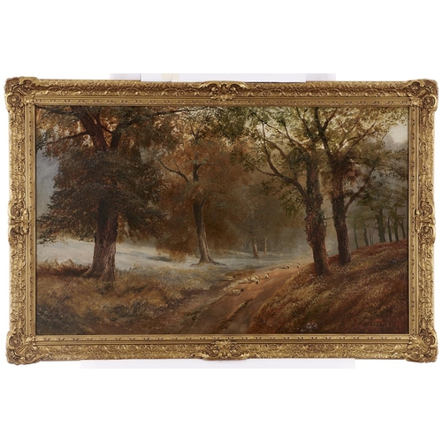 1028 - P H Herbert (Fl. late 19th c) - Sheep on a Woodland Track, signed and dated 1889, oil on canvas, 64 ... 