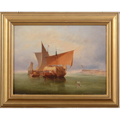 1002 - English School, early 19th c - Hay Barge and other Vessels on a Calm Morning off the Coast, oil on c... 
