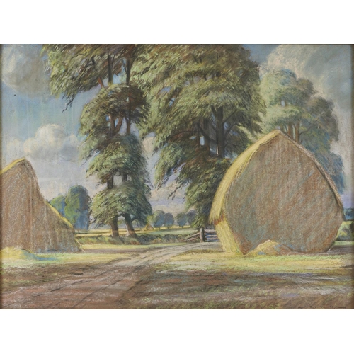 1018 - Ivor Lloyd Evans (Fl. mid 20th c) - Hayricks, signed and dated 1957, pastel, 55.5 x 74cm... 