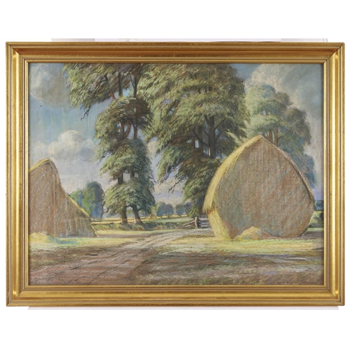 1018 - Ivor Lloyd Evans (Fl. mid 20th c) - Hayricks, signed and dated 1957, pastel, 55.5 x 74cm... 