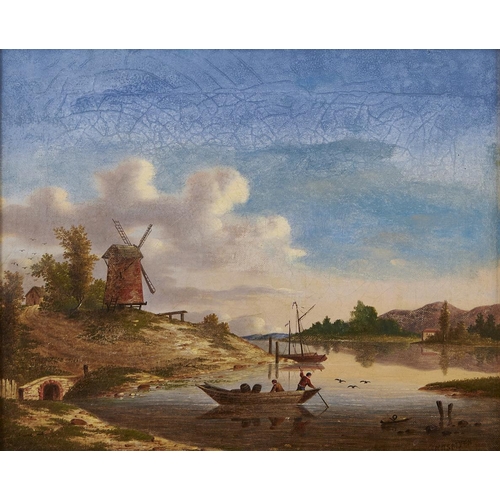 1020 - Follower of Paul Nasmyth - River Scene with Windmill, bears signature, oil on canvas, 22 x 27cm and ... 