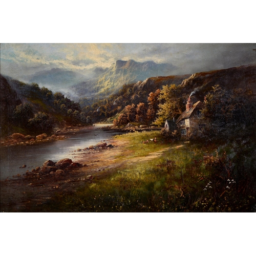 1031 - English School, 1911 - Mountainous Landscape at Dawn; Eventide, a pair, both signed indistinctly and... 