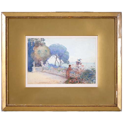 1038 - Paul Duverney (1866-1925) - On the Terrace, signed and inscribed Cannes, watercolour, 20.5 x 31cm... 