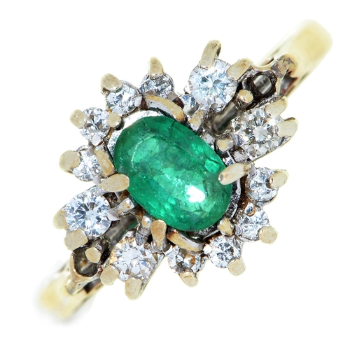 2 - An emerald and diamond cluster ring, in gold, marks rubbed, 2.7g, size M