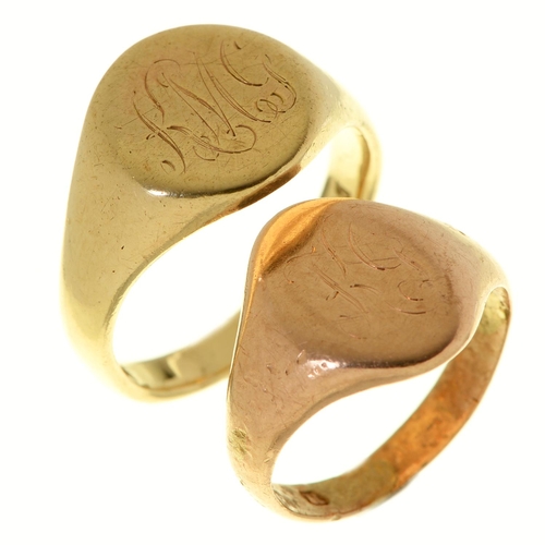 26 - A 9ct gold signet ring, Birmingham 1960 and another, 11.3g, size O½ and smaller... 