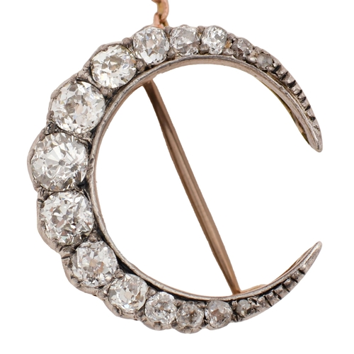 34 - A Victorian diamond crescent brooch, c1900, with old cut diamonds, 23mm, 5.4g, demountable... 