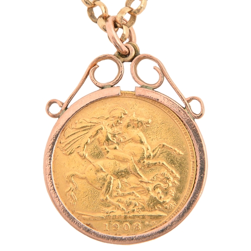 35 - Gold coin. Sovereign 1908, set in a gold mount on gold necklet, both marked 9ct, 22.3g... 