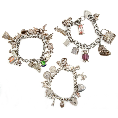 42 - Three silver charm bracelets, various lengths, each with a varied collection of charms, 6ozs... 