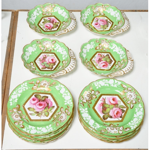 455 - A Spode dessert service, c1820, painted to the centre with full blown cabbage roses in gilt 'envelop... 