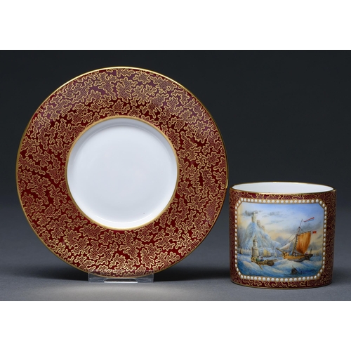 460 - A Lynton coffee can and saucer, 20th / 21st c, the coffee can painted by S D Nowacki, signed, with a... 