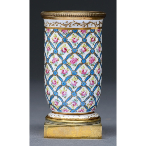 461 - A French ormolu mounted porcelain spill vase, 19th c, painted with single roses in blue ribbon trell... 