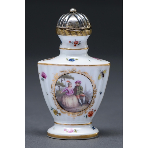 462 - A silver gilt mounted German porcelain sent bottle, late 19th c, of fluted vase shape, painted to ei... 