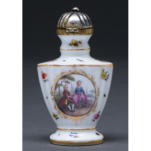 462 - A silver gilt mounted German porcelain sent bottle, late 19th c, of fluted vase shape, painted to ei... 